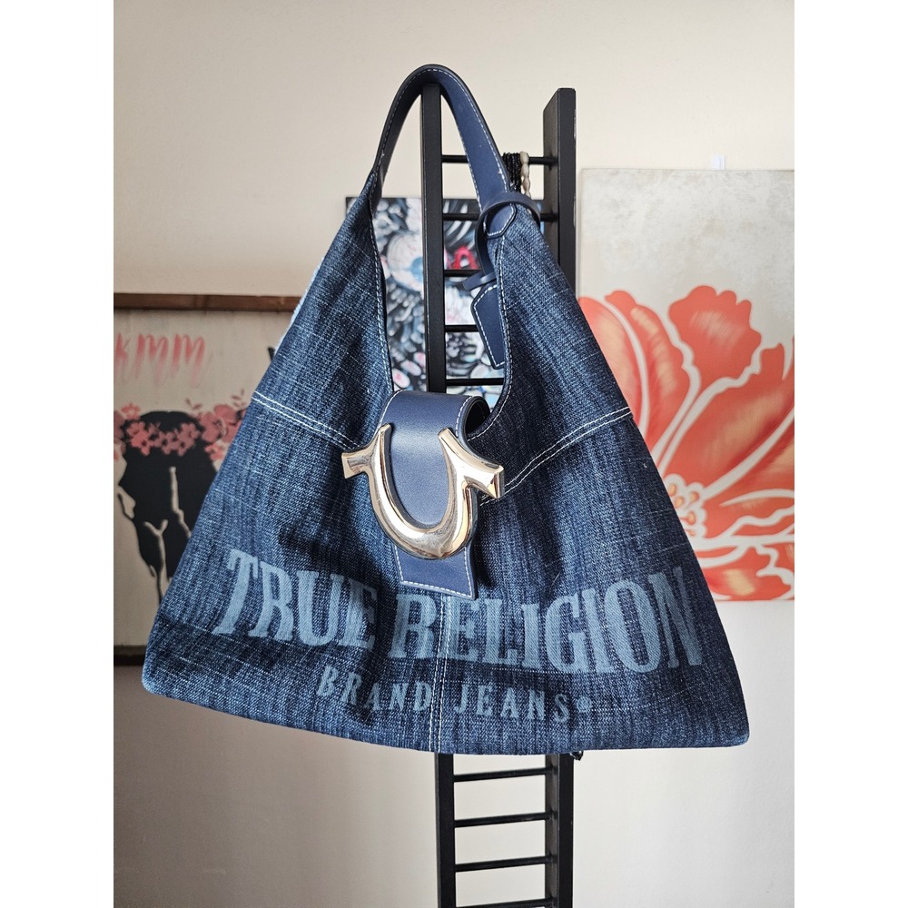 True Religion Denim Hobo Bag Dark Wash Blue Logo Frayed Edge Y2K Shoulder Bag